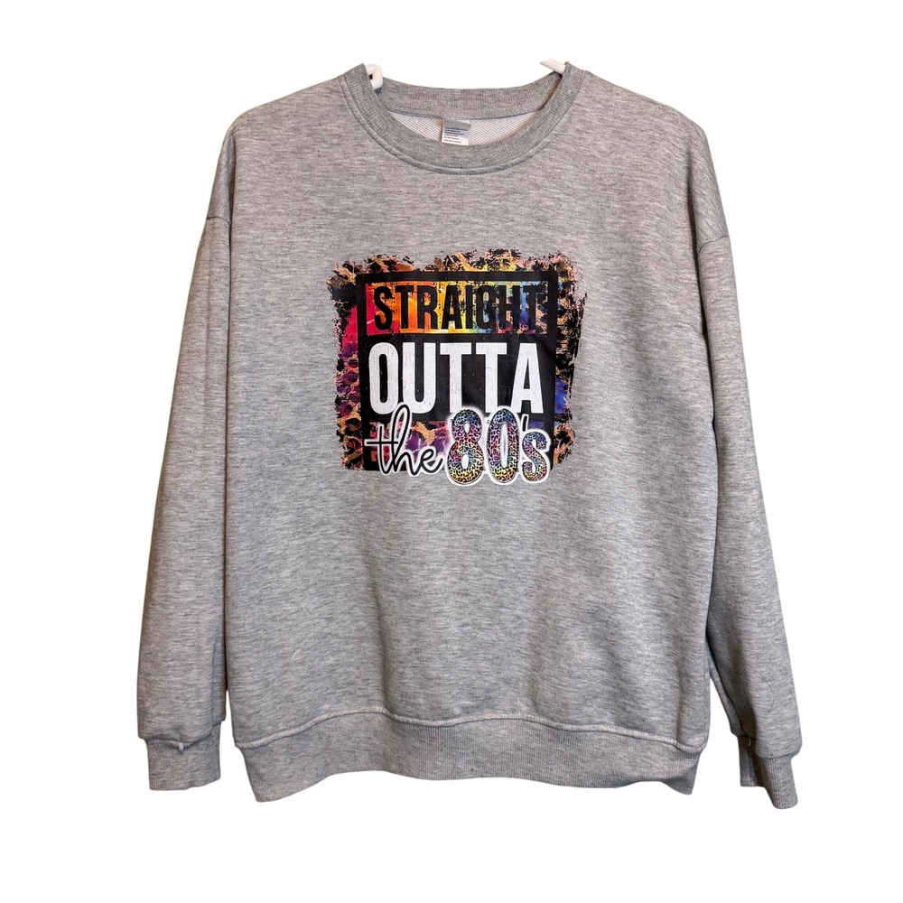 Straight Outta‎ the 80s Leopard Retro Pullover Graphic Sweatshirt Gray Medium